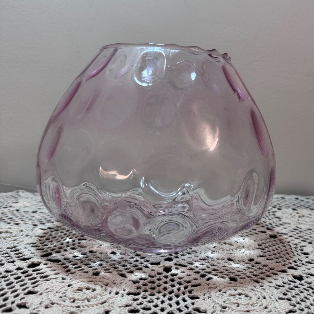 Vintage Empoli Italian Art Glass Pink Coin Dot Fishbowl Vase